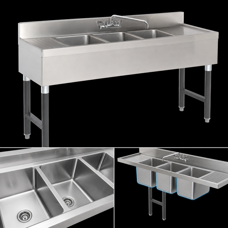 Product image #3 for Advance Tabco Special Value Series 3-Compartment Stainless Steel Bar Sink with Splash-Mounted Faucet and Dual Drainboards, 60 x 18 Inches