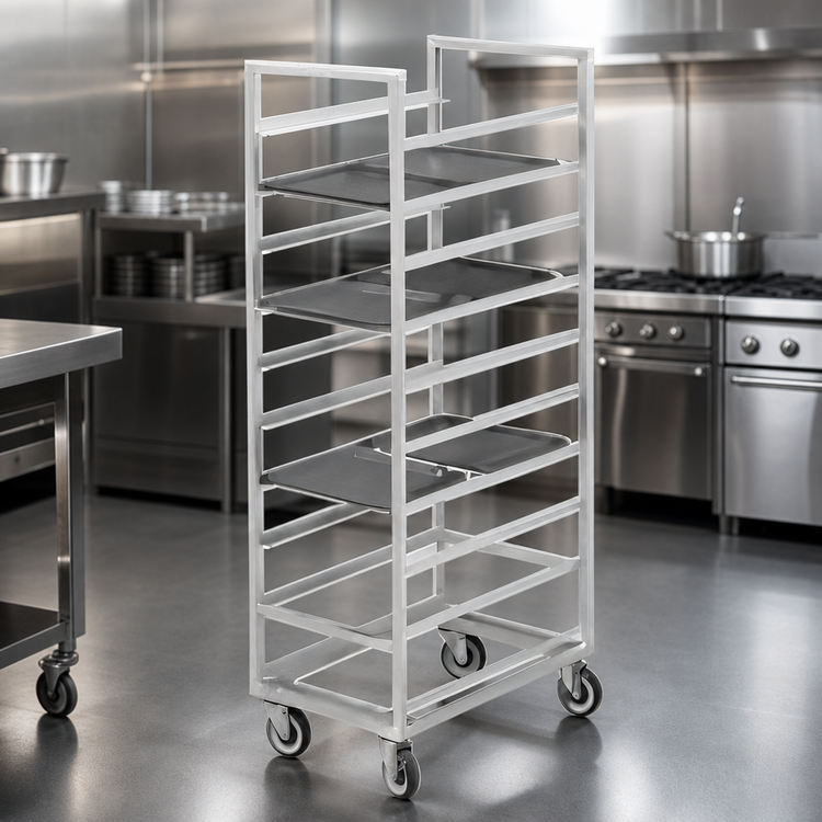 Product image #3 for Channel Stainless Steel Single-Section Cafeteria Tray Rack for 15 x 20 Trays, End Load, 20-Tray Capacity, 64-Inch High, with 5-Inch Swivel Stem Casters