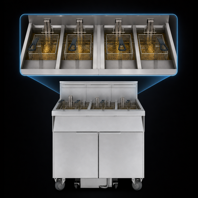 Product image #3 for Imperial IFSSP450E Electric 4-Battery Floor Fryer with Built-In Space Saver Filter, 50 lb. Tanks