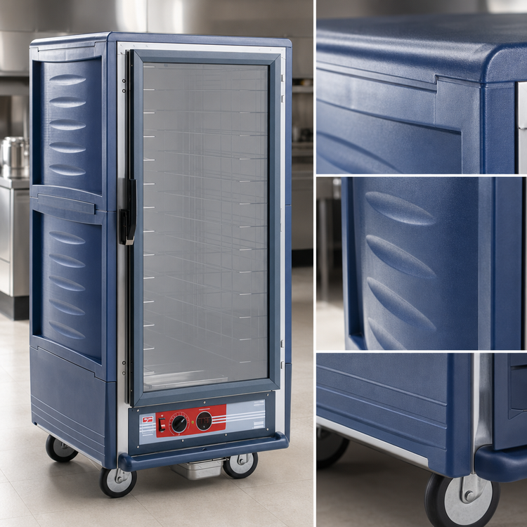 Product image #3 for Metro C5 3 Series Mobile 3/4 Height Heated Holding Cabinet with Blue Insulation Armour, Clear Door, and Lip Load Slides