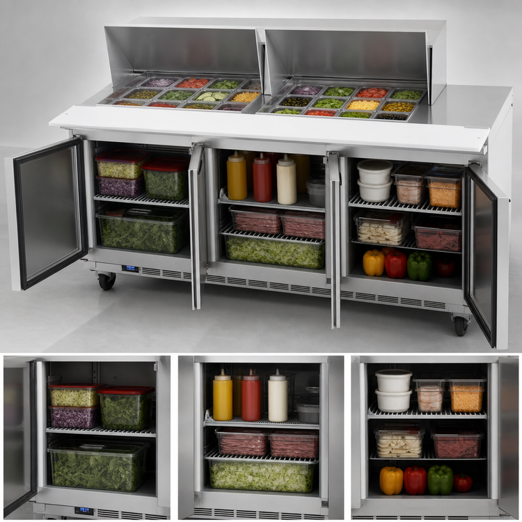 Product image #4 for Beverage-Air 72-Inch Mega Top Refrigerated Sandwich Prep Table, 3 Doors, 24-Pan Capacity