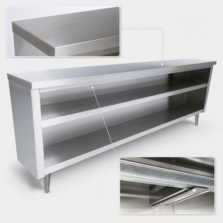 Product image #3 for Advance Tabco 72 Inch x 15 Inch Stainless Steel Dish Cabinet with Open Base and Mid-Shelf