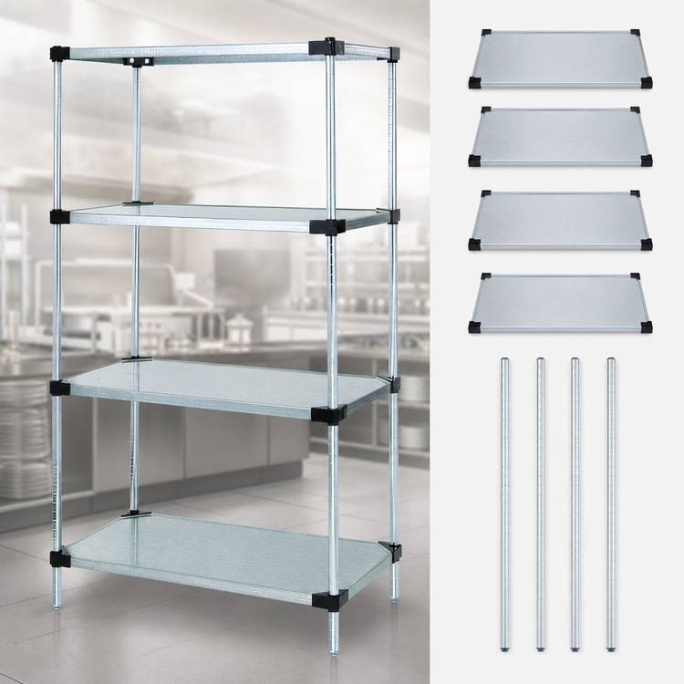 Product image #3 for Quantum Commercial Solid Shelving Starter Kit, 60-Inch Wide x 12-Inch Deep x 86-Inch High, Stationary, Galvanized Steel Shelves with Chrome Posts