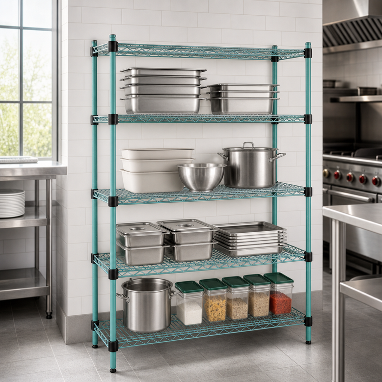 Product image #3 for EagleGard Quad-Adjust Stationary 4-Tier Wire Shelving Starter Unit, 72 x 24 x 74 Inches, Blue-Green Hybrid Epoxy Finish
