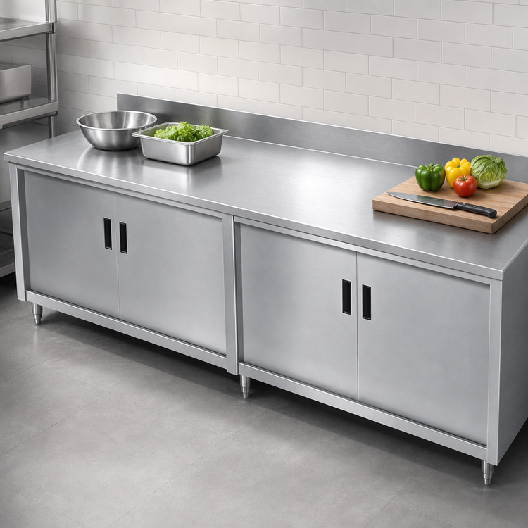 Product image #3 for Advance Tabco Special Value Economy Enclosed Work Table with Cabinet Base, 120-Inch W x 30-Inch D, 16-Gauge 304 Stainless Steel Top, 5-Inch Backsplash
