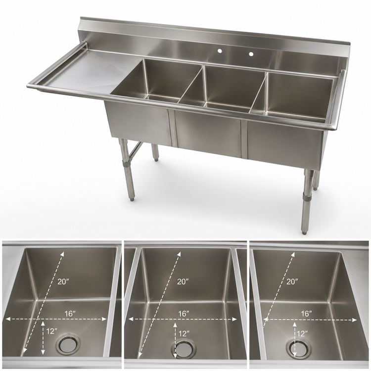 Product image #3 for Economy Three-Compartment Stainless Steel Sink with Left-Hand Drainboard, 74-1/2 Inch W x 25-1/2 Inch D x 41 Inch H