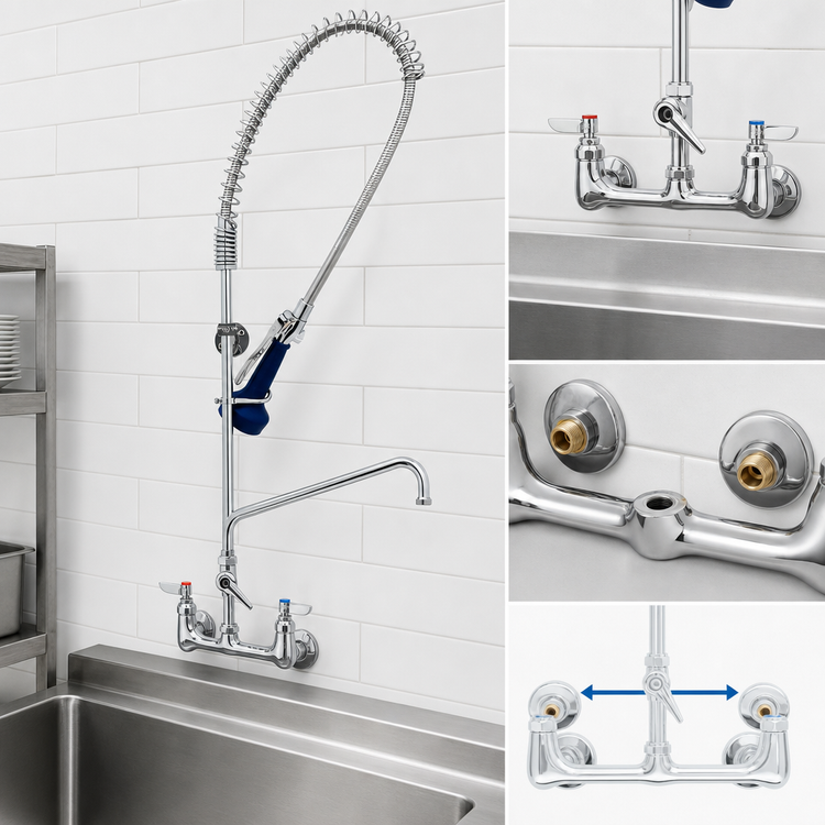Product image #3 for T&S EasyInstall 8-Inch Adjustable-Center Wall-Mount Pre-Rinse Unit with Add-On Faucet and 1.07 GPM Spray Valve