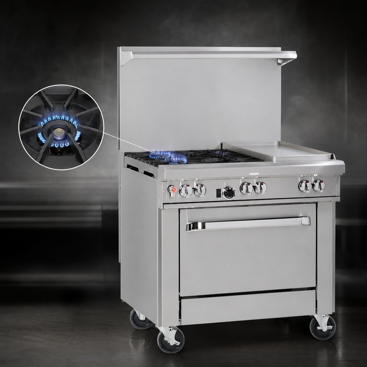 Product image #3 for Southbend Ultimate 36-Inch Gas Restaurant Range with 2 Non-Clog Burners, 24-Inch Thermostatic Griddle, Cabinet Base, and Backriser Shelf