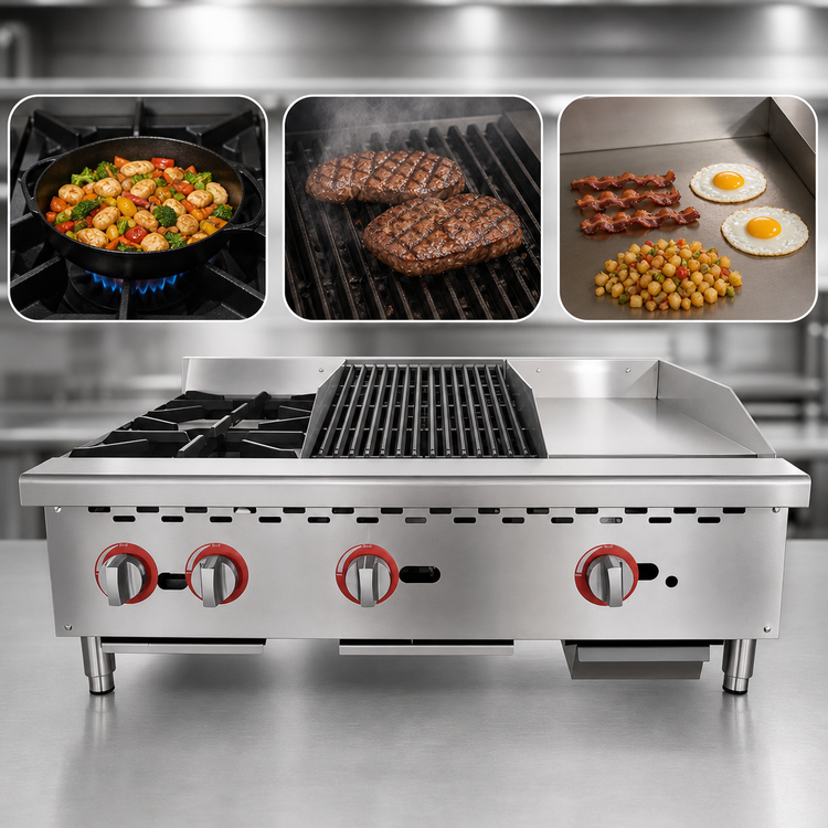 Product image #3 for Omcan 36-Inch Countertop Natural Gas Hot Plate, Charbroiler, and Griddle Combo