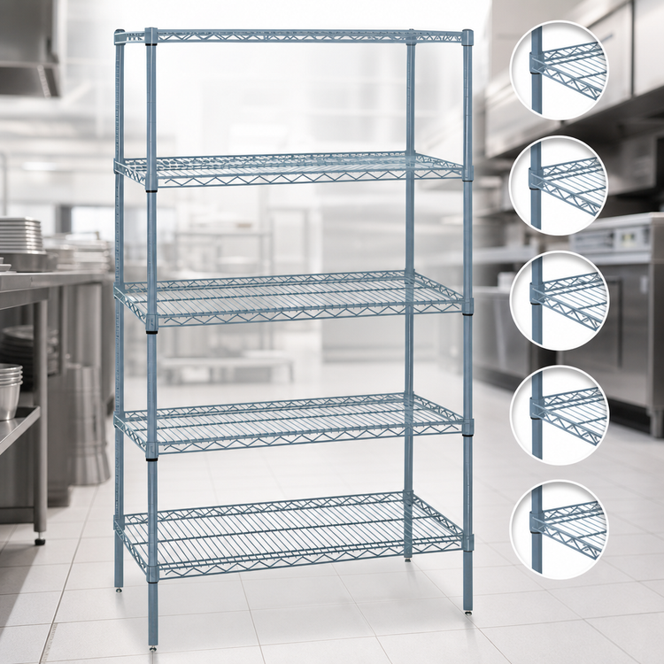 Product image #3 for Quantum Stationary Wire Shelving Starter Kit, 24"W x 18"D x 54"H, 5 Shelves, Gray Epoxy Antimicrobial Finish