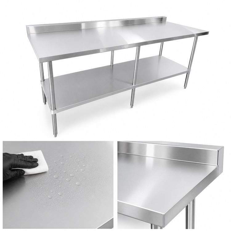 Product image #3 for Sapphire 84-Inch 18/430 Stainless Steel Worktable with 5-Inch Backsplash and Open Undershelf