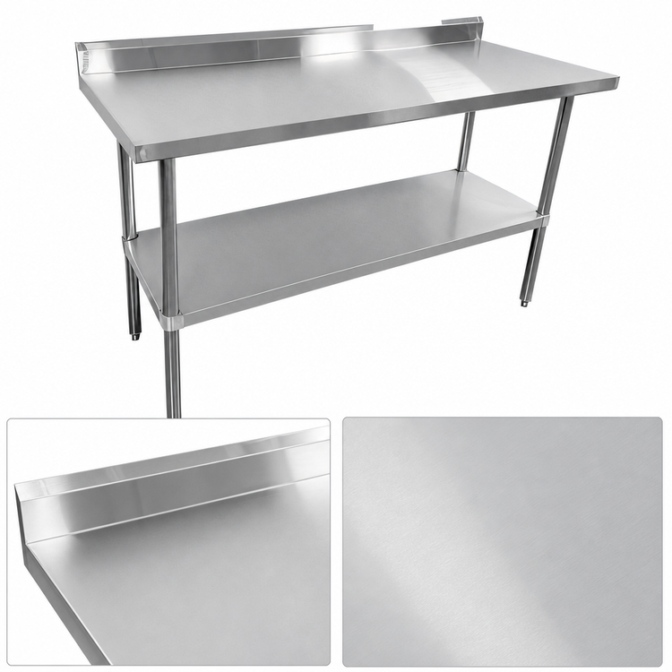 Product image #3 for 60 Inch x 30 Inch 18-Gauge 430 Stainless Steel Worktable with 5 Inch Backsplash and Undershelf