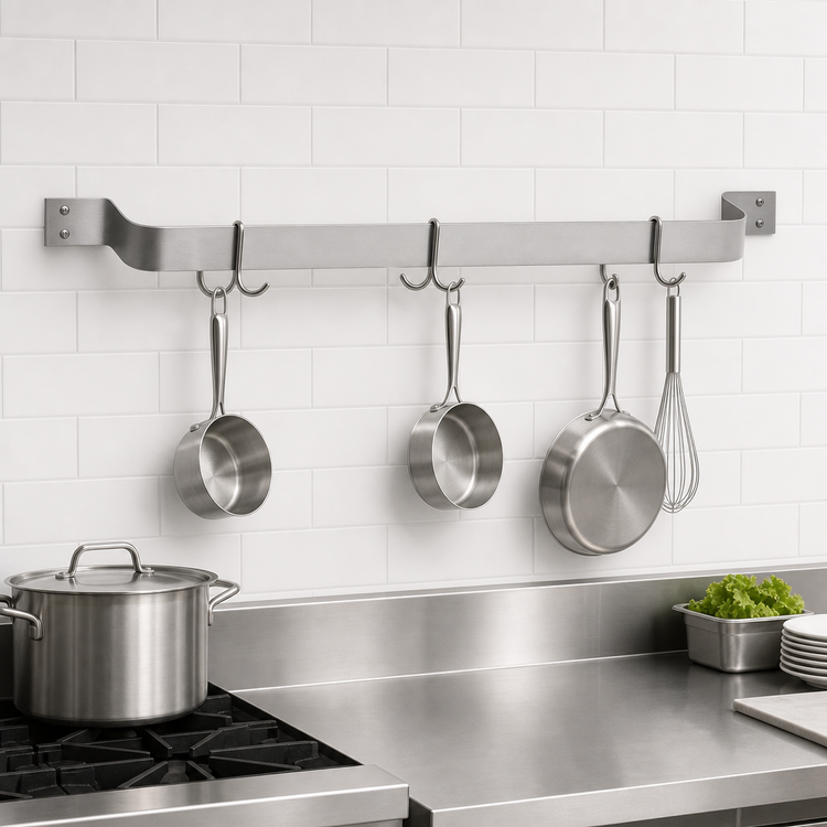 Product image #3 for Eagle Group 120-Inch Wall-Mount Single-Bar Stainless Steel Pot Rack with 10 Double-Prong Hooks