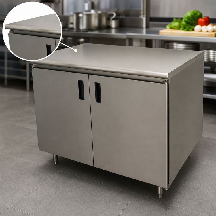 Product image #3 for Advance Tabco 36" x 36" Enclosed Work Table with Cabinet Base, Mid-Shelf, Hinged Doors, and 14-Gauge 304 Stainless Steel Top
