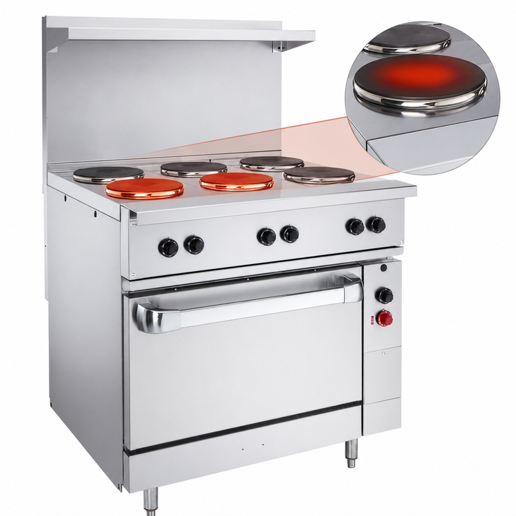 Product image #4 for Vulcan 36-Inch Electric Restaurant Range with 2 French Hotplates, 2 Hot Tops, and Oversized Oven