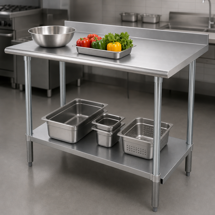 Product image #3 for Advance Tabco Special Value 48 Inch x 36 Inch Stainless Steel Work Table with 1-1/2 Inch Rear Backsplash and Adjustable Undershelf