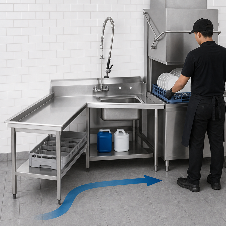Product image #3 for Advance Tabco 47-Inch L-Shaped Island Soil Dishtable with Pre-Rinse Sink, Left-Hand, 16-Gauge 304 Stainless Steel