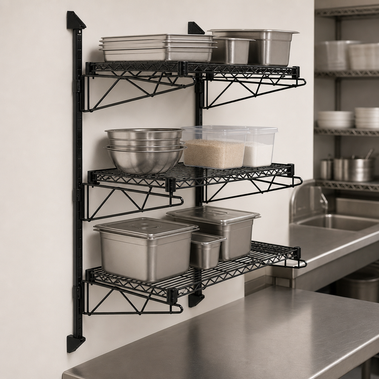 Product image #3 for Wall-Mounted Cantilever Starter Shelf Unit with 3 Wire Shelves, 54-Inch Posts, and 12-Inch Cantilevers