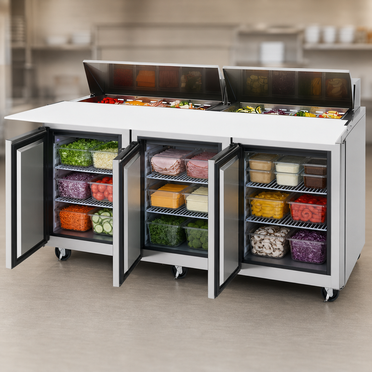 Product image #3 for Turbo Air M3 Series Three-Section Sandwich/Salad Prep Table with 18-Pan Top and Rear-Mount Self-Contained Refrigeration, 72-5/8 Inches Wide