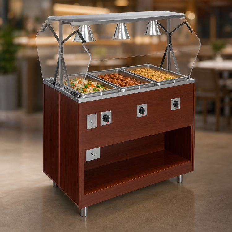 Product image #3 for Vollrath 2-Series Affordable Portable 3-Well Mobile Hot Food Station with Buffet Breath Guard and Lights, Open Storage Base, Cherry Woodgrain