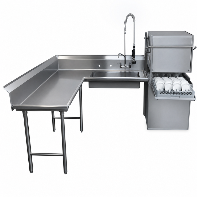Product image #3 for Advance Tabco Korner L-Shaped Left-Hand Soil Dishtable with Pre-Rinse Sink, 59 Inch, 304 Stainless Steel