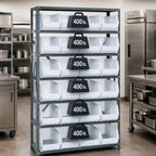 Thumbnail image #3 for Quantum QSBU-240CL Heavy-Duty Wire Shelving Unit, 12"D x 36"W x 75"H, 8 Shelves, 28 Clear Bins, 400 lb. Per Shelf