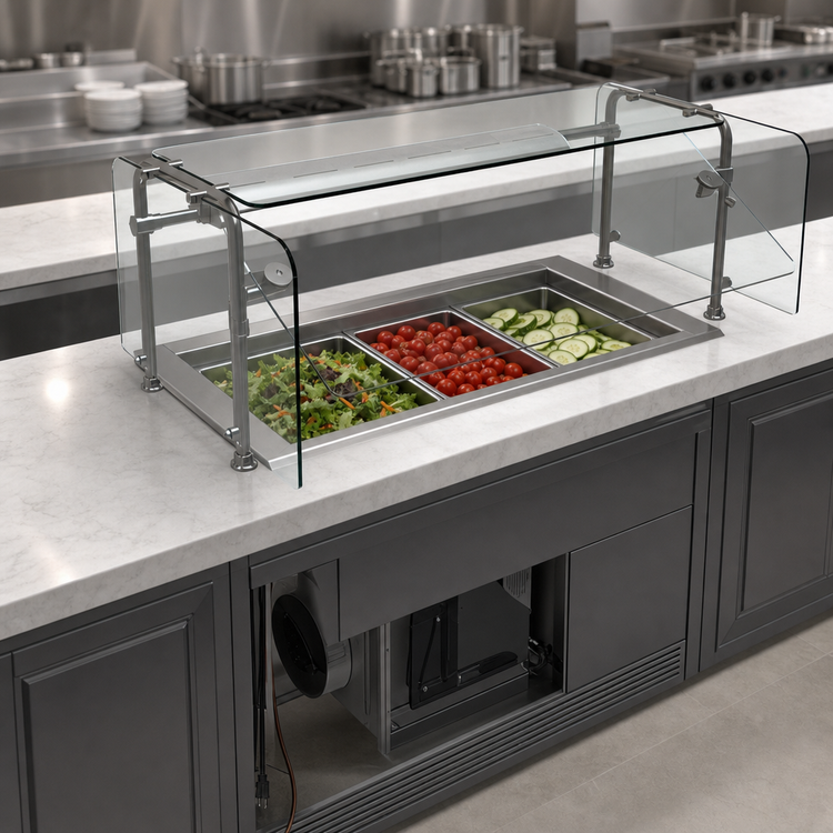 Product image #3 for Hatco 3-Pan Full-Size Drop-In Refrigerated Cold Well Bundle with Sneeze Guard and Lamp