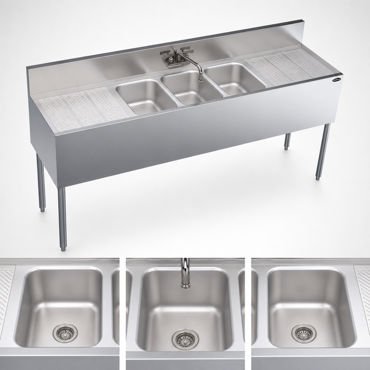 Product image #3 for Krowne Royal Series Three-Compartment Underbar Sink Unit with Dual Integral Drainboards and Swing-Spout Faucet, 72-Inch