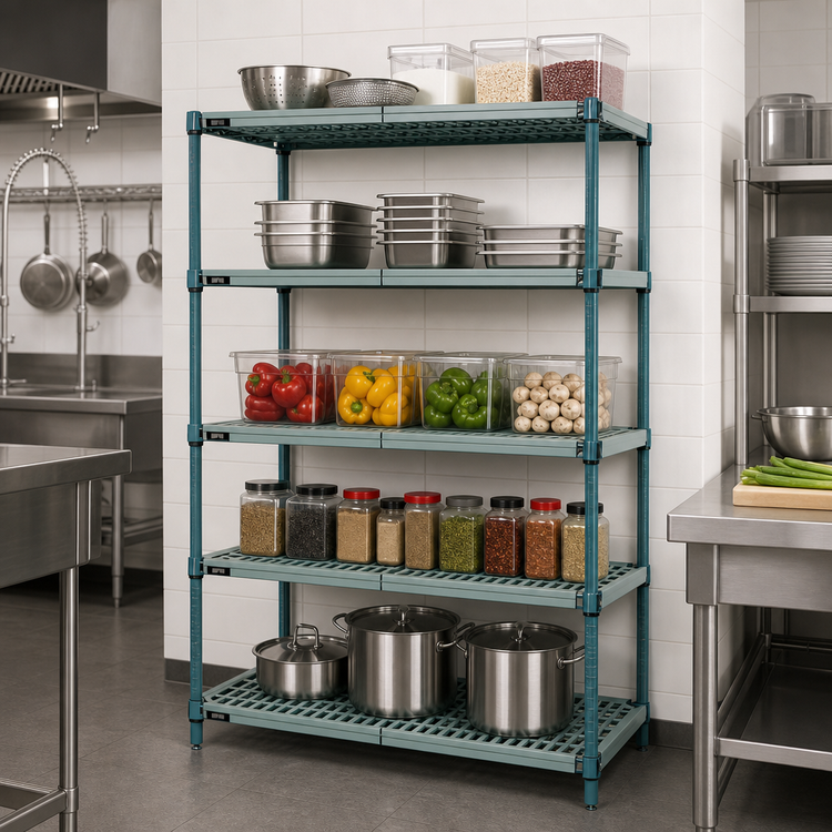 Product image #3 for Quantum 5-Tier Stationary Wire Plastic Mat Shelving Unit, 42W x 18D x 63H, Green Epoxy Coated