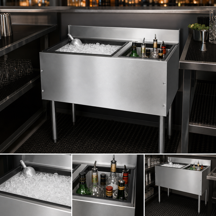 Product image #3 for CHOICE 36-Inch Stainless Steel Underbar Combo Ice Bin/Cocktail Unit with Right-Hand 6-Bottle Insulated Storage