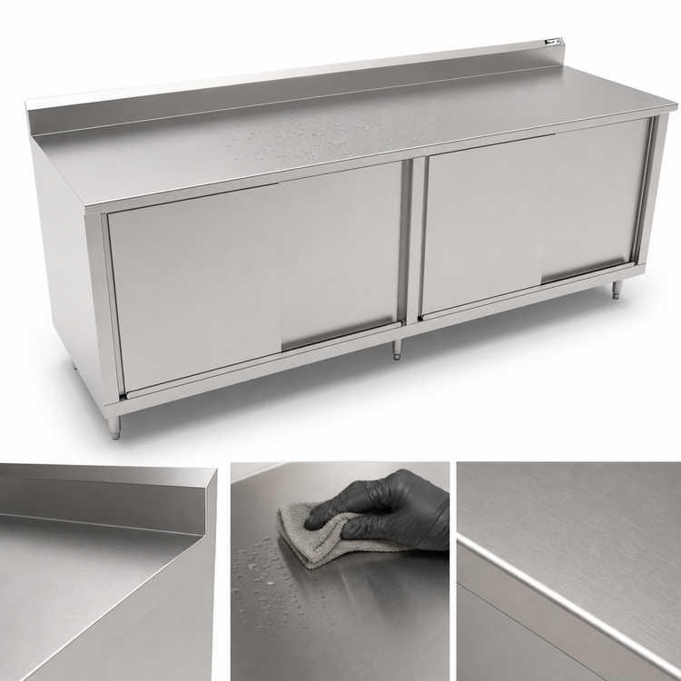 Product image #3 for John Boos 120-Inch x 24-Inch Cabinet Base Work Table with Sliding Doors, 16-Gauge 300 Series Stainless Steel Top, 5-Inch Backsplash