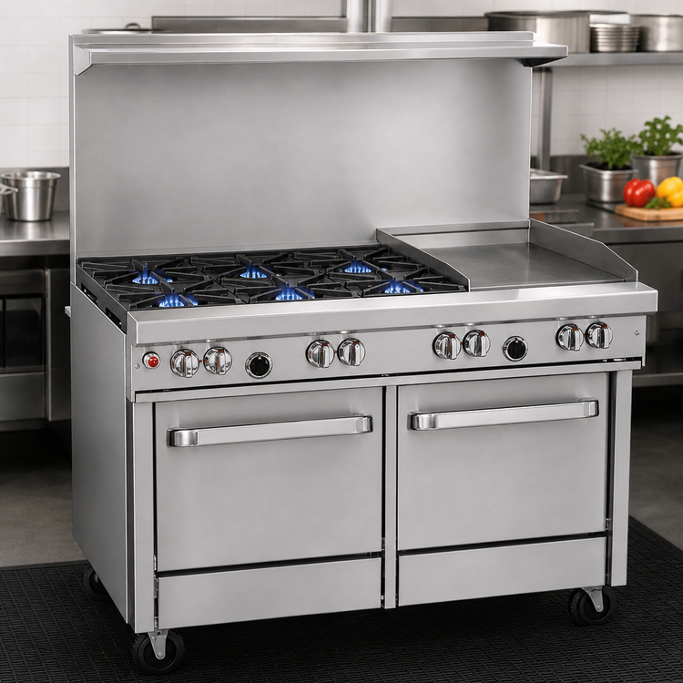 Product image #3 for Southbend Ultimate 48-Inch Gas Restaurant Range with 4 Non-Clog Burners, 24-Inch Thermostatic Griddle, Standard Oven and Cabinet Base