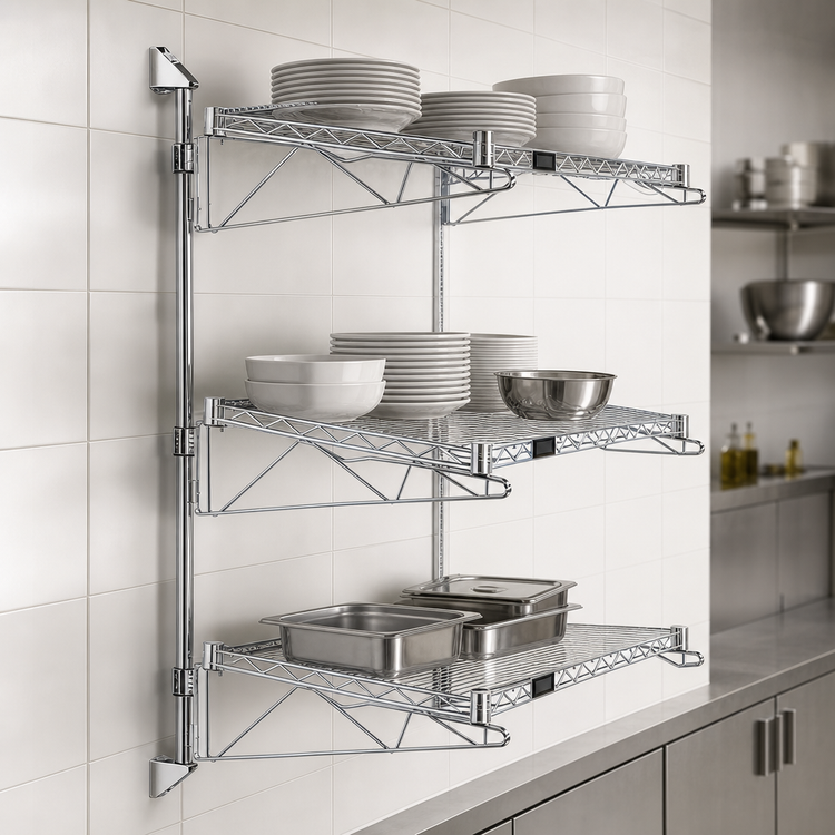 Product image #3 for Quantum Wall-Mounted Cantilever Shelf Starter Unit with 3 Wire Shelves, 54-Inch Posts and Chrome Plated Finish