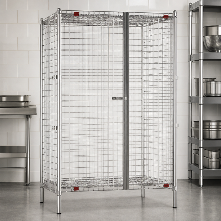 Product image #3 for QuadTruss Stationary Knock-Down Wire Security Cage with Dual Padlock-Ready Doors, Stainless Steel Finish, 63-1/4 Inch Wide