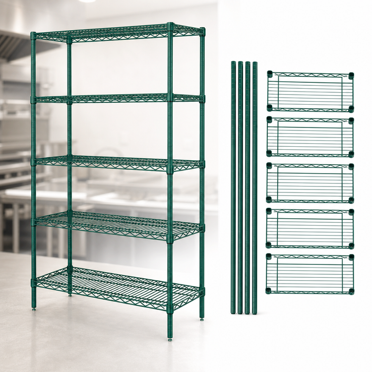 Product image #3 for Quantum 54 x 21 x 74 Inch Stationary Wire Shelving Starter Kit, 5 Shelves, Green Epoxy Antimicrobial, 600-800 lb Capacity