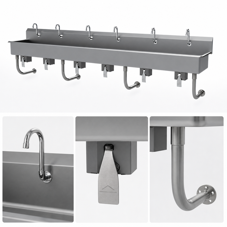 Product image #3 for Advance Tabco 6-Station Wall-Mounted Multiwash Hand Sink with Knee Valves and Gooseneck Spouts, 120-Inch, 16-Gauge 304 Stainless Steel