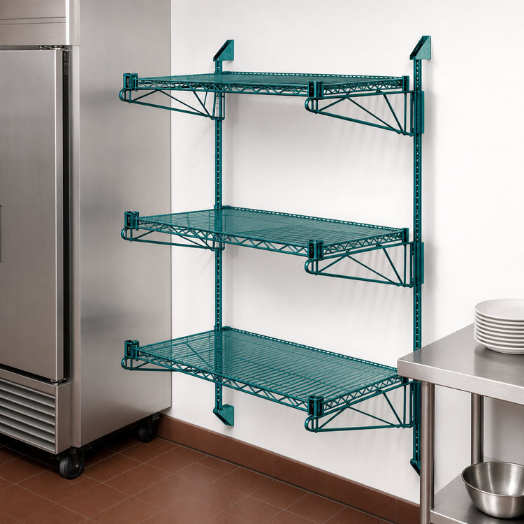 Product image #3 for Quantum Wall-Mounted Cantilever Starter Shelving Unit with 3 Wire Shelves, Green Epoxy Antimicrobial Finish