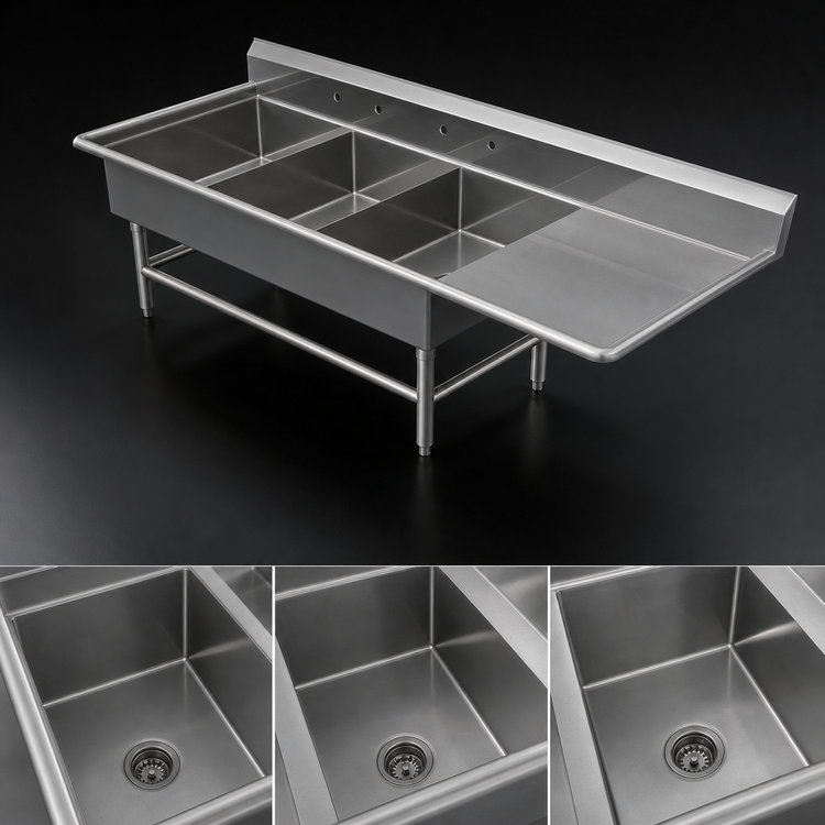 Product image #3 for John Boos Pro-Bowl 3-Compartment Sink with 24-Inch Right Drainboard, 88-3/16-Inch W x 33-1/2-Inch D, 14-Gauge Stainless Steel