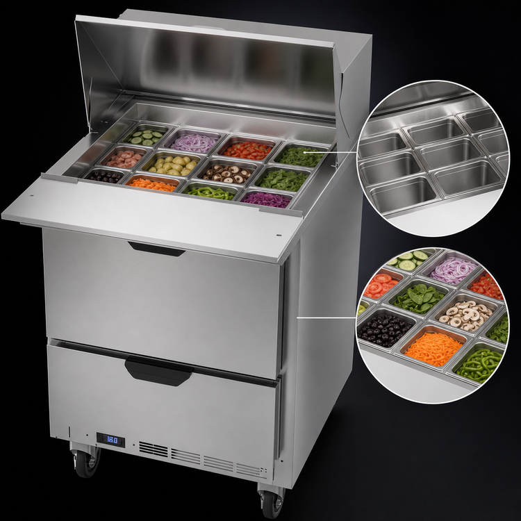 Product image #4 for Beverage Air 27-Inch One-Section Mega Top Refrigerated Prep Table with 2 Drawers and 12-Pan Top