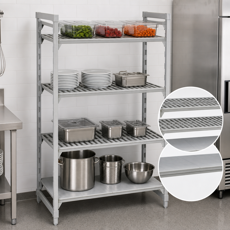 Product image #4 for Cambro Camshelving Premium 4-Tier Stationary Starter Unit, 42W x 21D x 72H, 3 Vented + 1 Solid, Speckled Gray