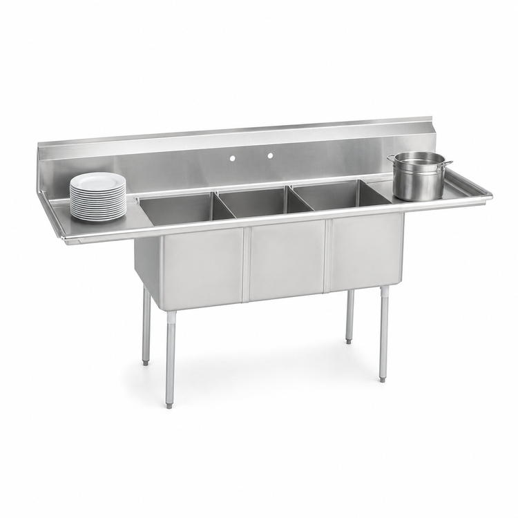 Product image #3 for BK Resources Three-Compartment Stainless Steel Sink with Left and Right Drainboards, 75-Inch Wide