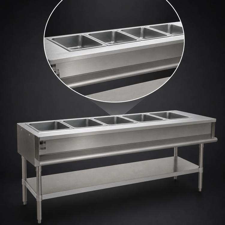 Product image #3 for Eagle Group 5-Opening Water Bath Hot Food Table, Natural Gas, Open Base, 79-Inch Wide