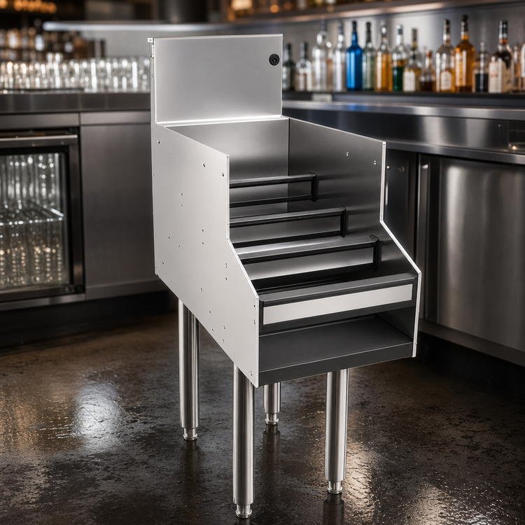 Product image #3 for Glastender 12-Inch Freestanding Stainless Steel Underbar Liquor Steps, 24-Inch Deep, 4-Step