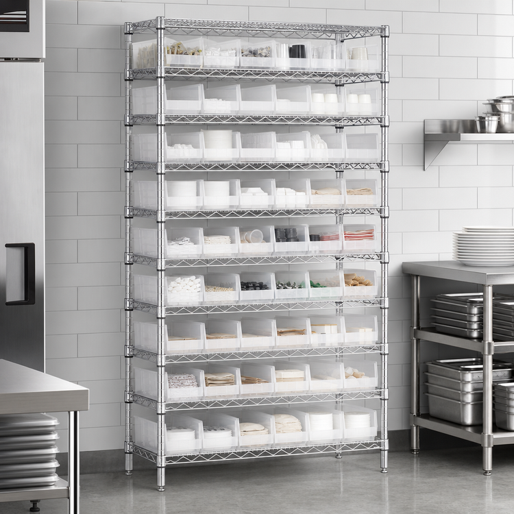Product image #3 for Quantum 36 Inch W x 24 Inch D x 74 Inch H Chrome Plated Bin Wire Shelving System with 12 Wire Shelves and 55 Clear Bins