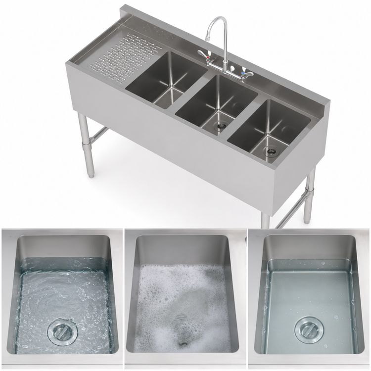 Product image #3 for Sapphire Manufacturing 48-Inch Three-Compartment Left Drainboard Underbar Bar Sink with Faucet and Overflow Kit