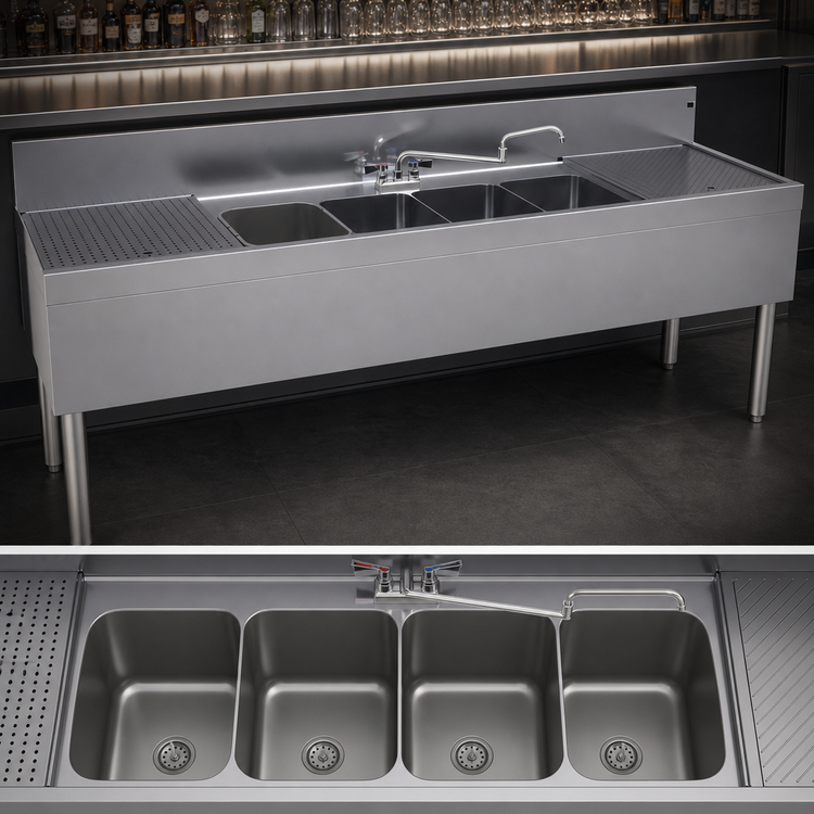 Product image #3 for Glastender Four-Compartment Underbar Sink Unit with Left and Right Drainboards and Deck-Mount Faucet, 84 Inch W x 24 Inch D
