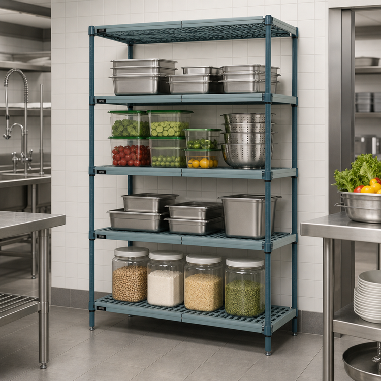 Product image #3 for Quantum Wire Plastic Mat Stationary Shelving Unit, 4-Tier, 48W x 21D x 86H, Green Epoxy Antimicrobial