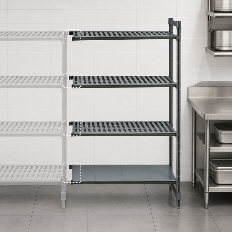 Product image #3 for Cambro Camshelving Basics Plus Add-On Polymer Shelving Unit, 21" x 54" x 84", 4-Tier, Vented and Solid, Brushed Graphite