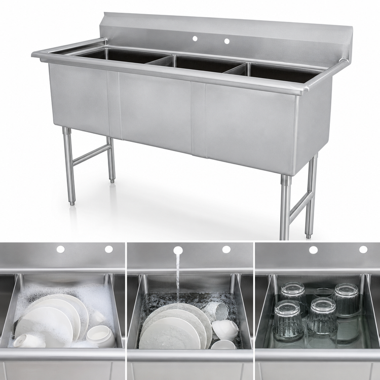 Product image #3 for Advance Tabco 3-Compartment Fabricated Stainless Steel Sink with Legs, No Drainboard