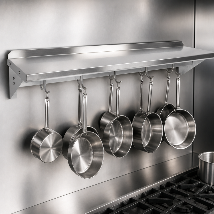 Product image #3 for John Boos Stallion 96-Inch Wall-Mount Stainless Steel Pot Rack Shelf with 8 Hooks